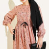 Leaf Print Dress with Elastic Waistband Camel - Imagen 2