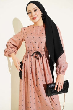 Alternative view of Leaf Print Dress with Elastic Waistband Camel