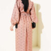 Leaf Print Dress with Elastic Waistband Camel - Imagen 3
