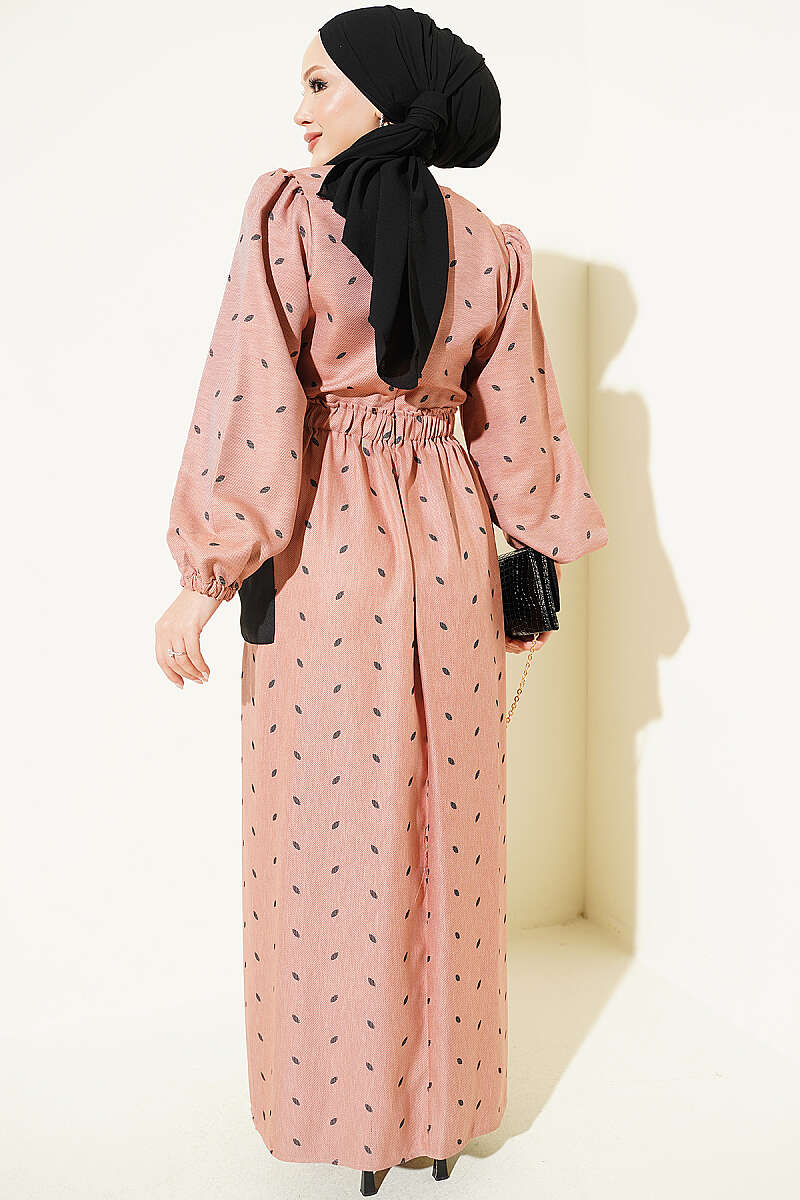 Leaf Print Dress with Elastic Waistband Camel - Imagen 3