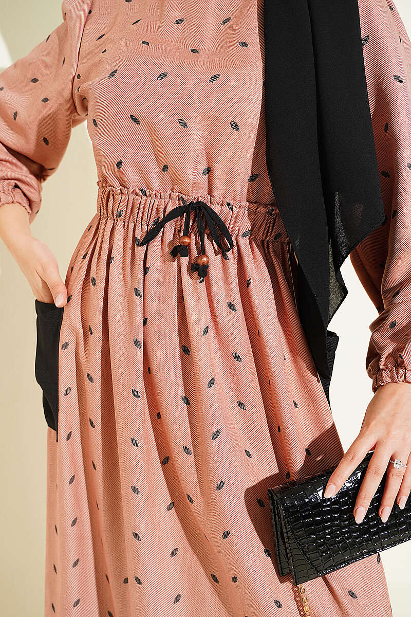 Leaf Print Dress with Elastic Waistband Camel - Imagen 4