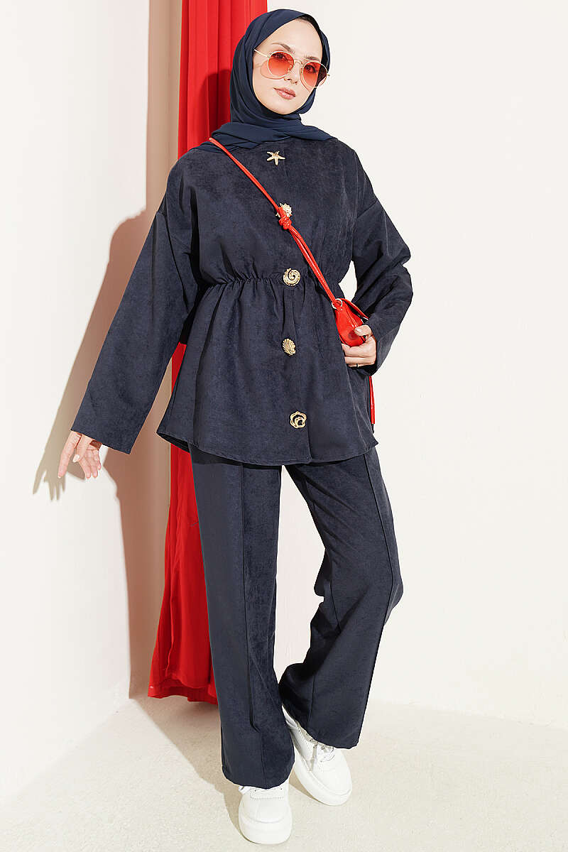 Elastic Waist Star Gold Button Two-Piece Set Navy Blue