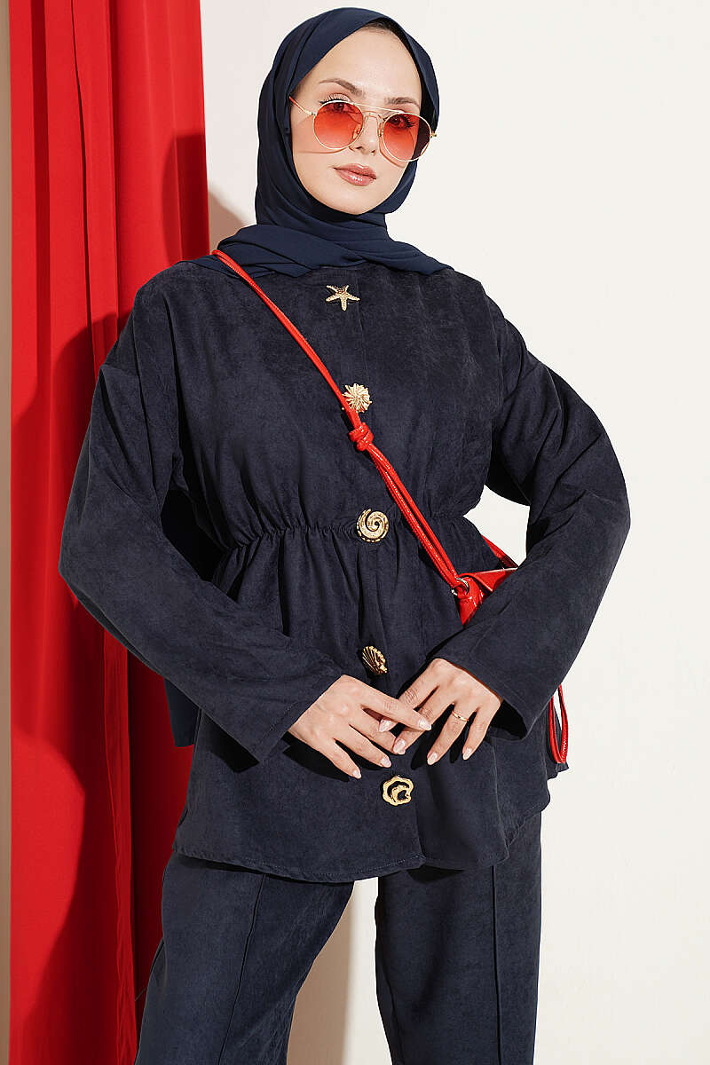 Elastic Waist Star Gold Button Two-Piece Set Navy Blue – Image 2