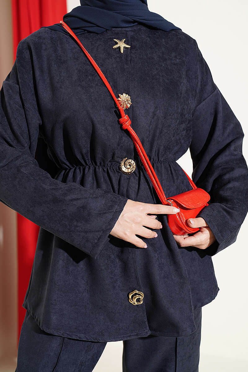 Elastic Waist Star Gold Button Two-Piece Set Navy Blue – Image 4