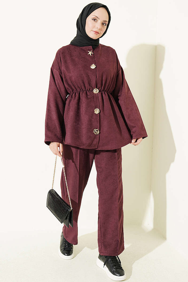 Elastic Waist Star Gold Button Two-Piece Set Plum