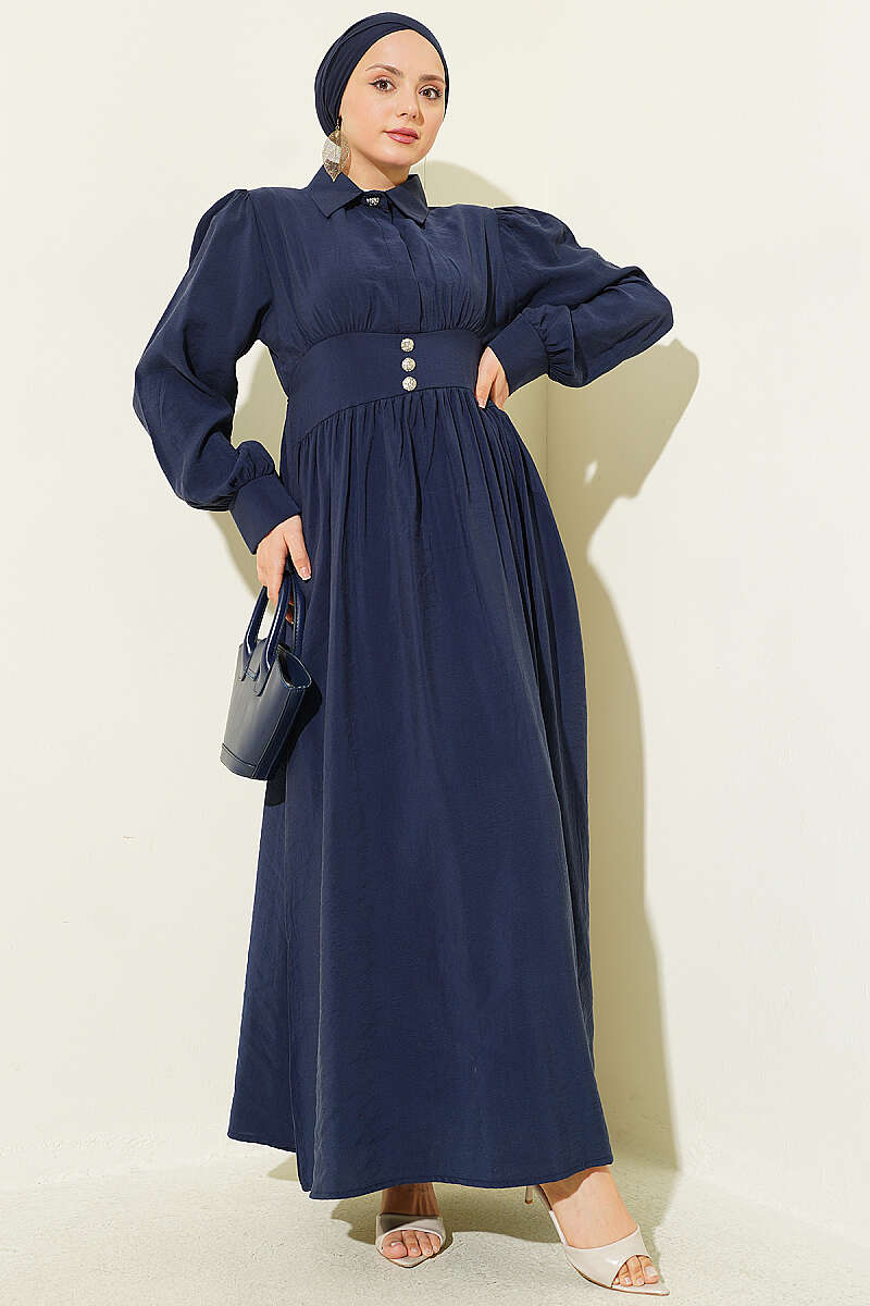 Belted Half Hidden Button Dress Navy Blue