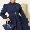 Belted Half Hidden Button Dress Navy Blue - Imagen 2