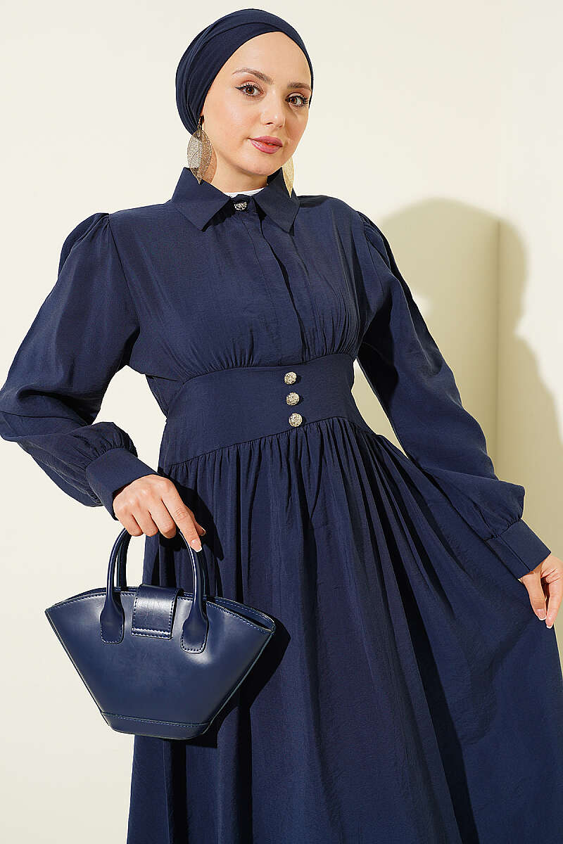Belted Half Hidden Button Dress Navy Blue - Imagen 2