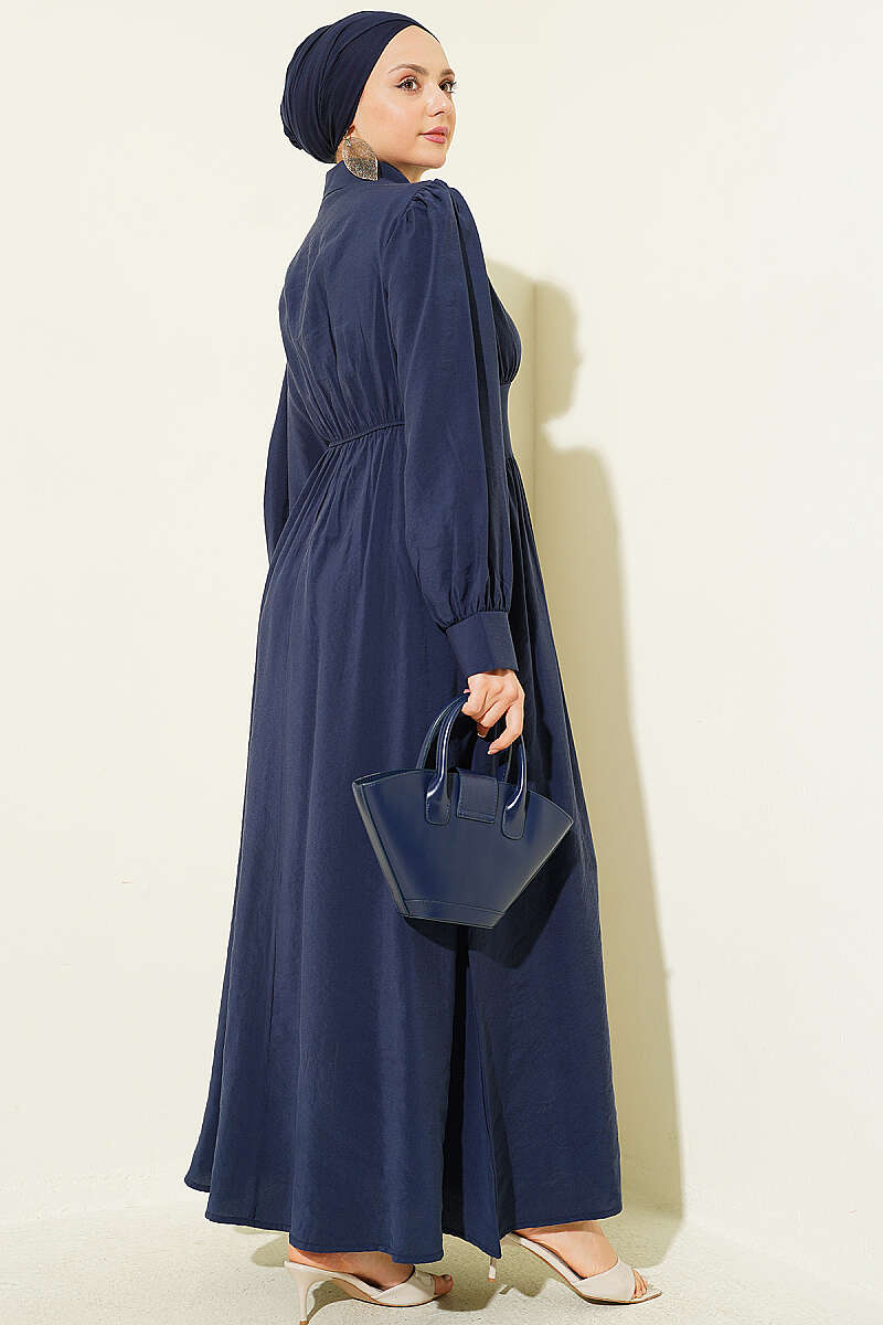 Belted Half Hidden Button Dress Navy Blue - Imagen 3