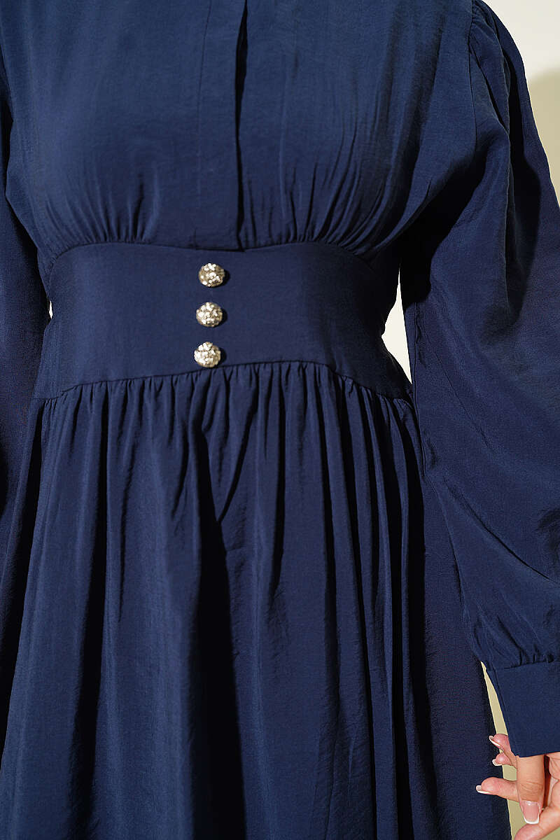 Belted Half Hidden Button Dress Navy Blue - Imagen 4