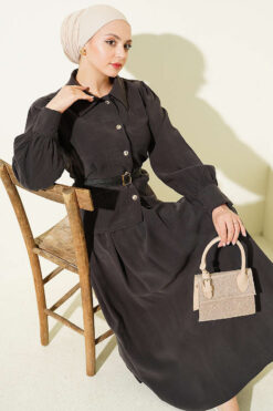 Buttoned Skirt Set with Belt and Pen Pocket Dark Brown