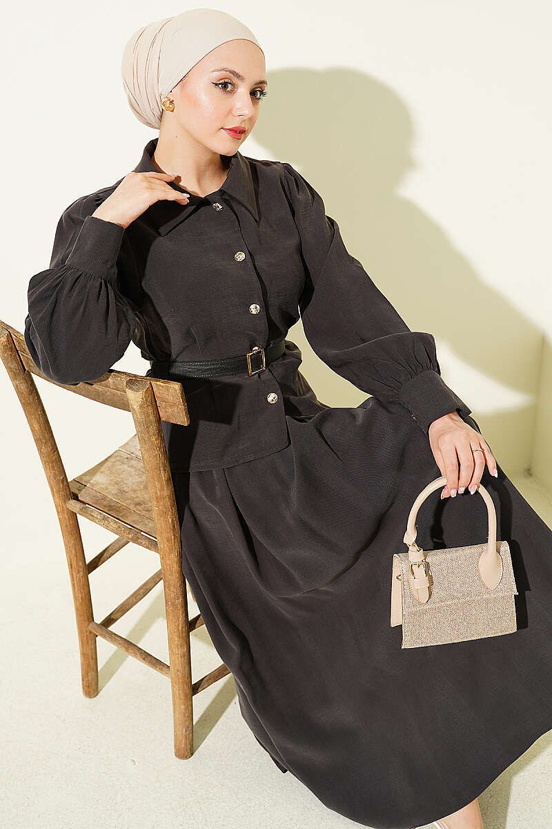 Buttoned Skirt Set with Belt and Pen Pocket Dark Brown