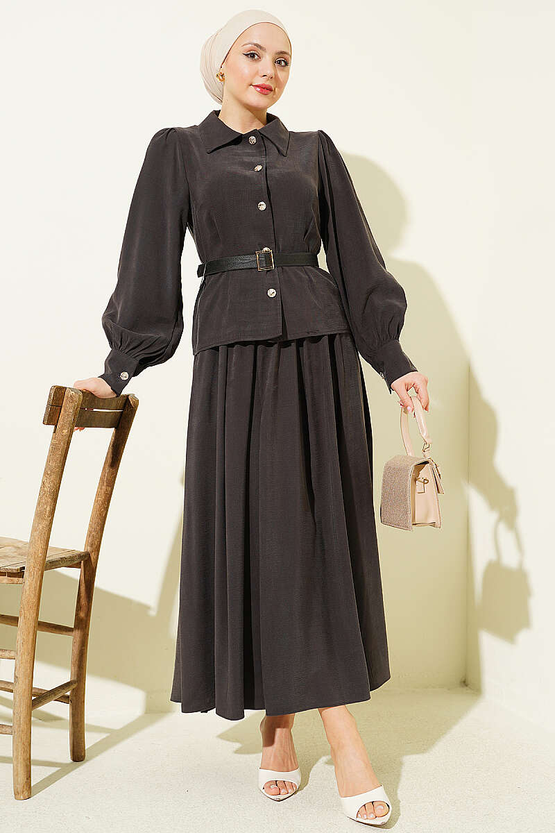 Buttoned Skirt Set with Belt and Pen Pocket Dark Brown - Image 2
