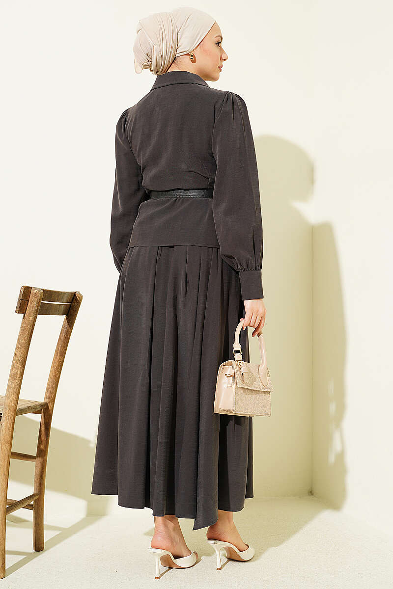 Buttoned Skirt Set with Belt and Pen Pocket Dark Brown - Image 3