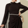 ⁦Belted Detail Cape Evening Gown Brown⁩ - الصورة ⁦2⁩