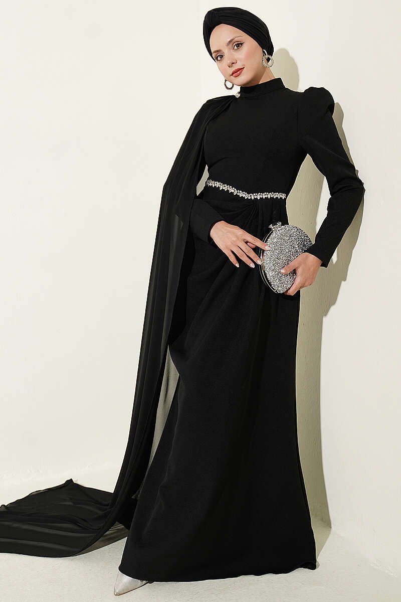 Belted Detail Cape Evening Gown Black