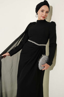 Alternative view of Belted Detail Cape Evening Gown Black