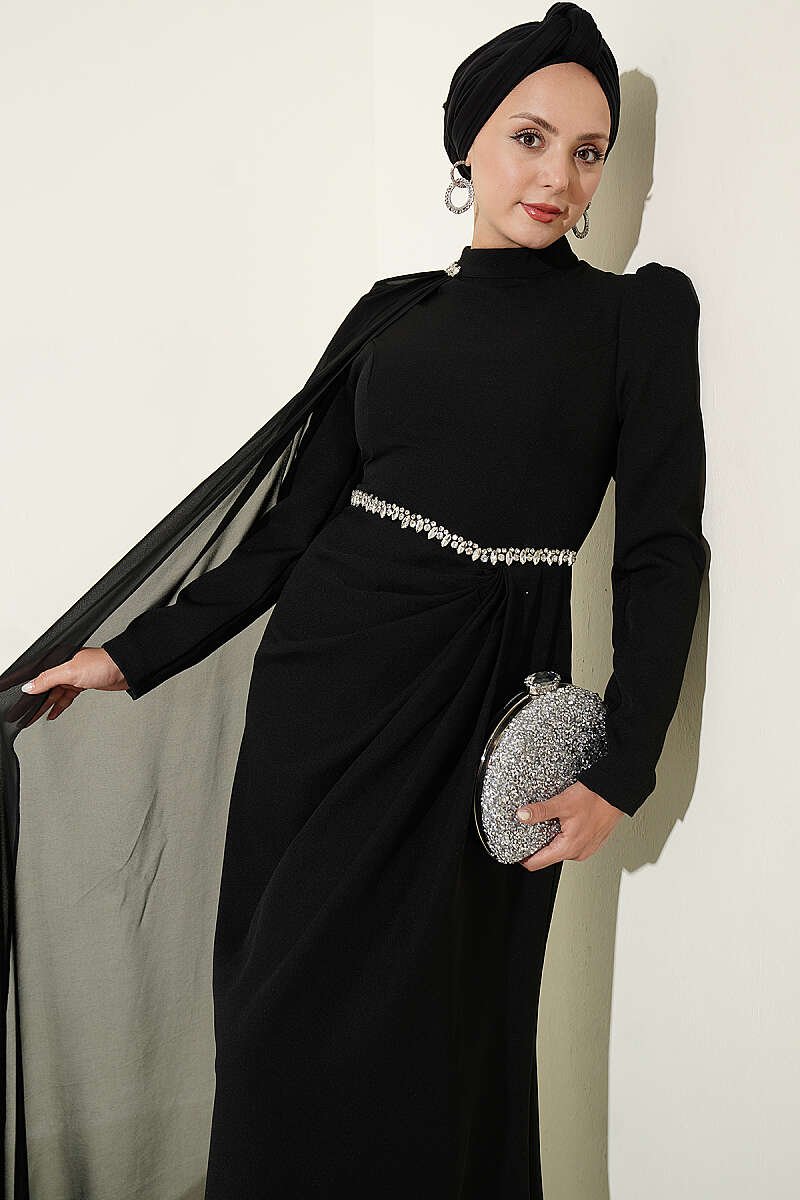 Belted Detail Cape Evening Gown Black – Bild 2