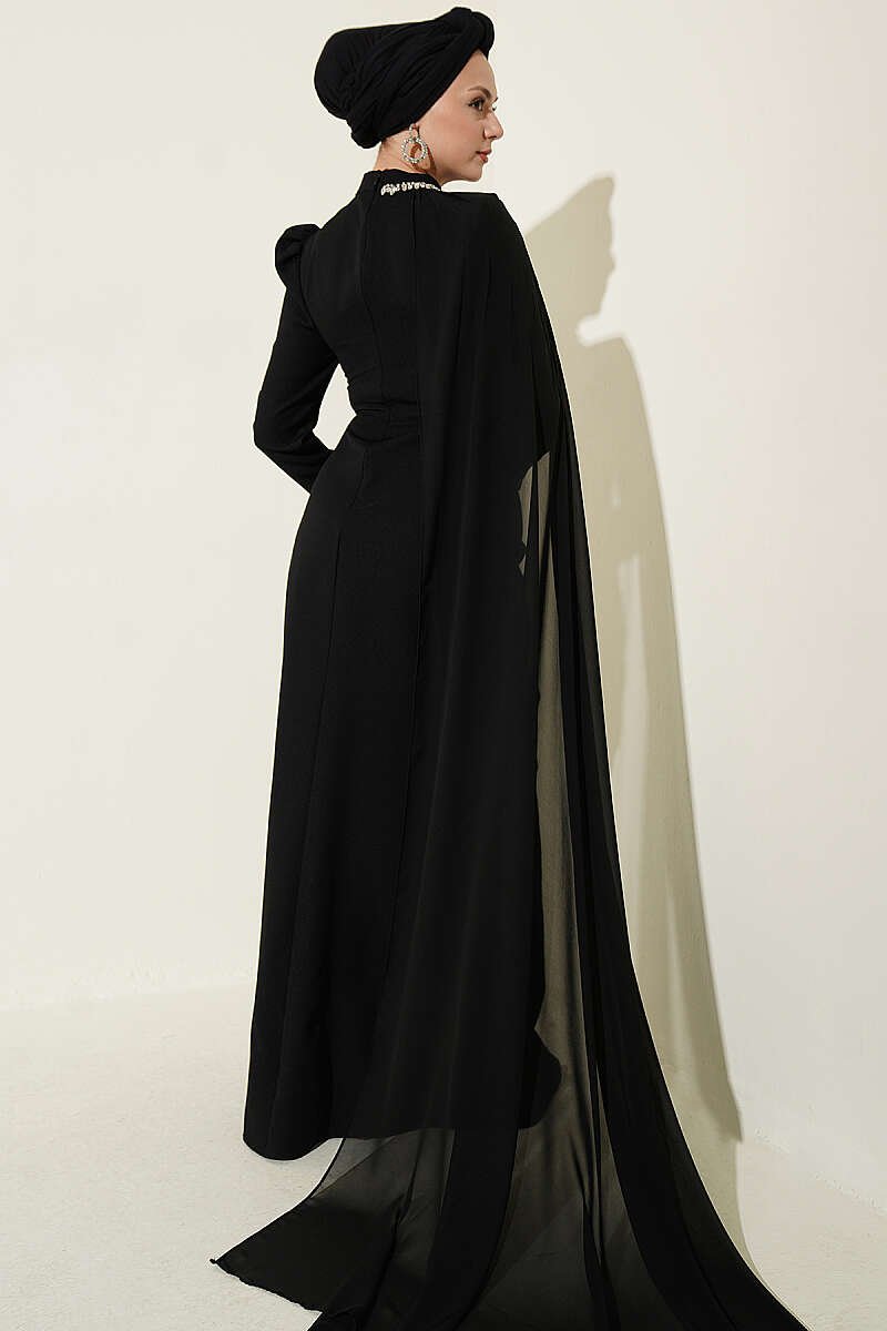 Belted Detail Cape Evening Gown Black – Bild 3
