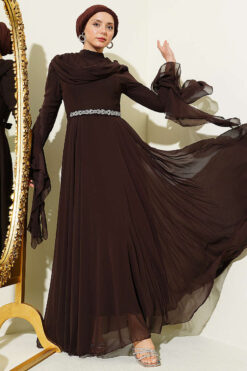 Belted Chiffon Evening Dress Dark Brown