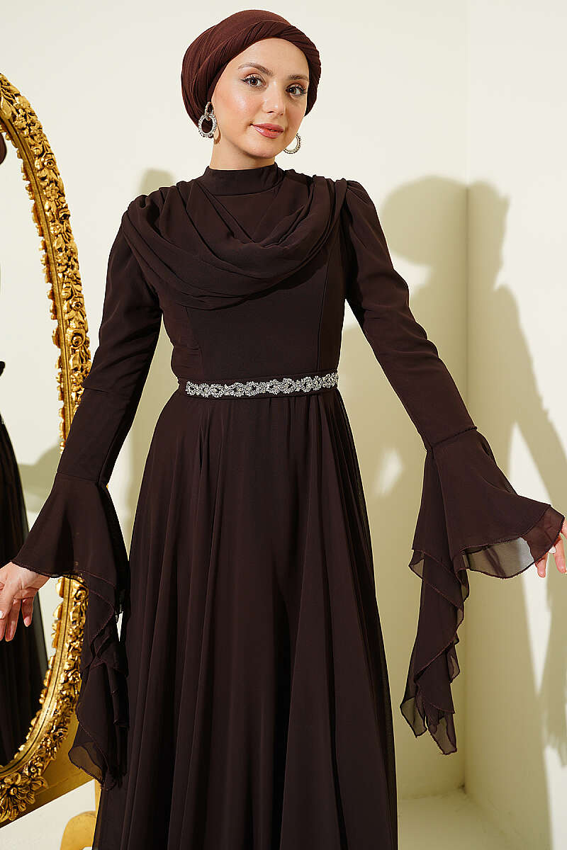 Belted Chiffon Evening Dress Dark Brown – Bild 2