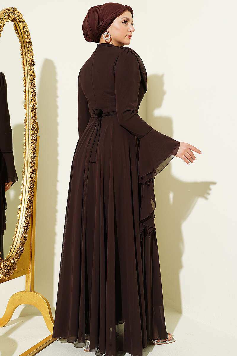 Belted Chiffon Evening Dress Dark Brown – Bild 3