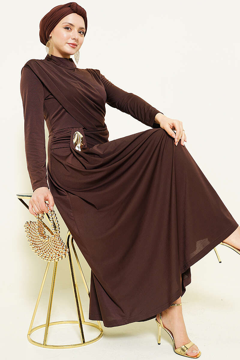 Belt Buckle Detail Evening Dress Dark Brown
