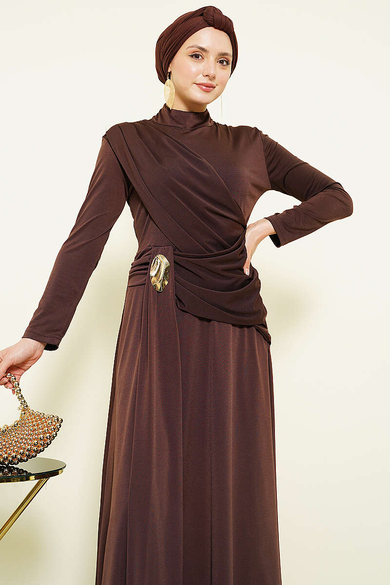 Belt Buckle Detail Evening Dress Dark Brown – Image 2