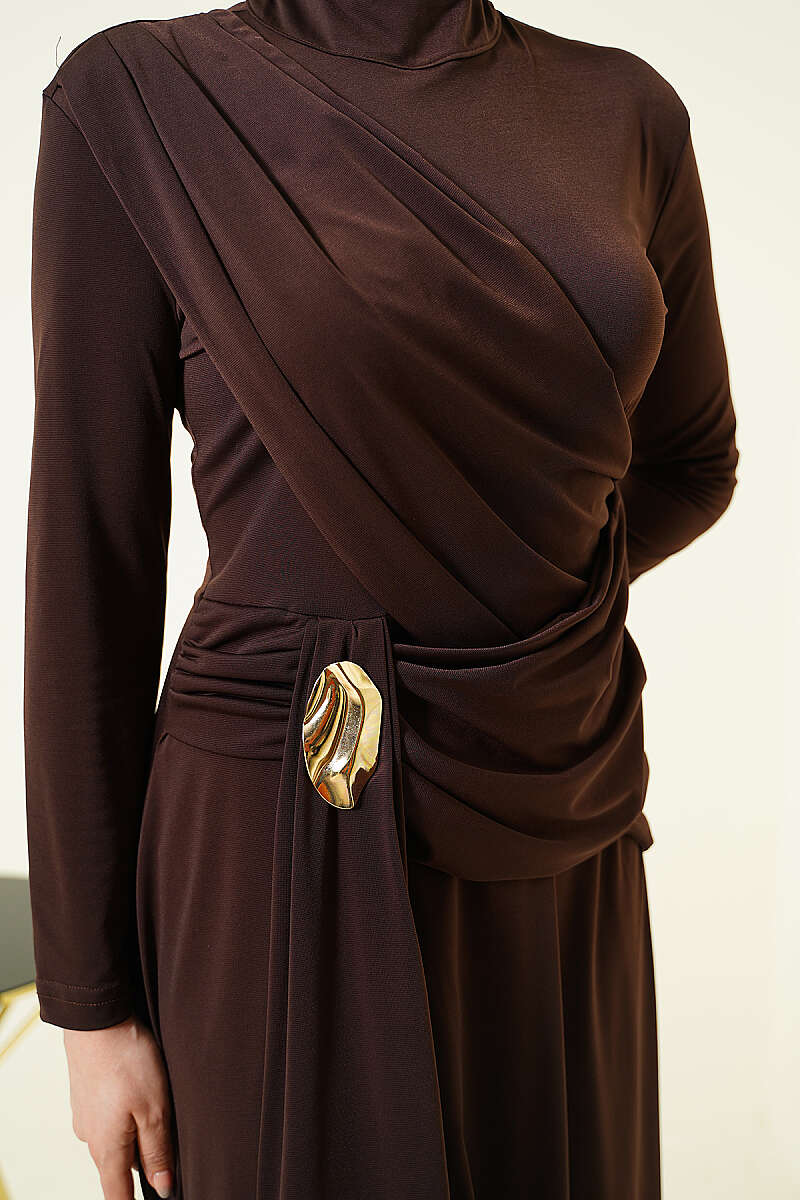 Belt Buckle Detail Evening Dress Dark Brown – Image 4