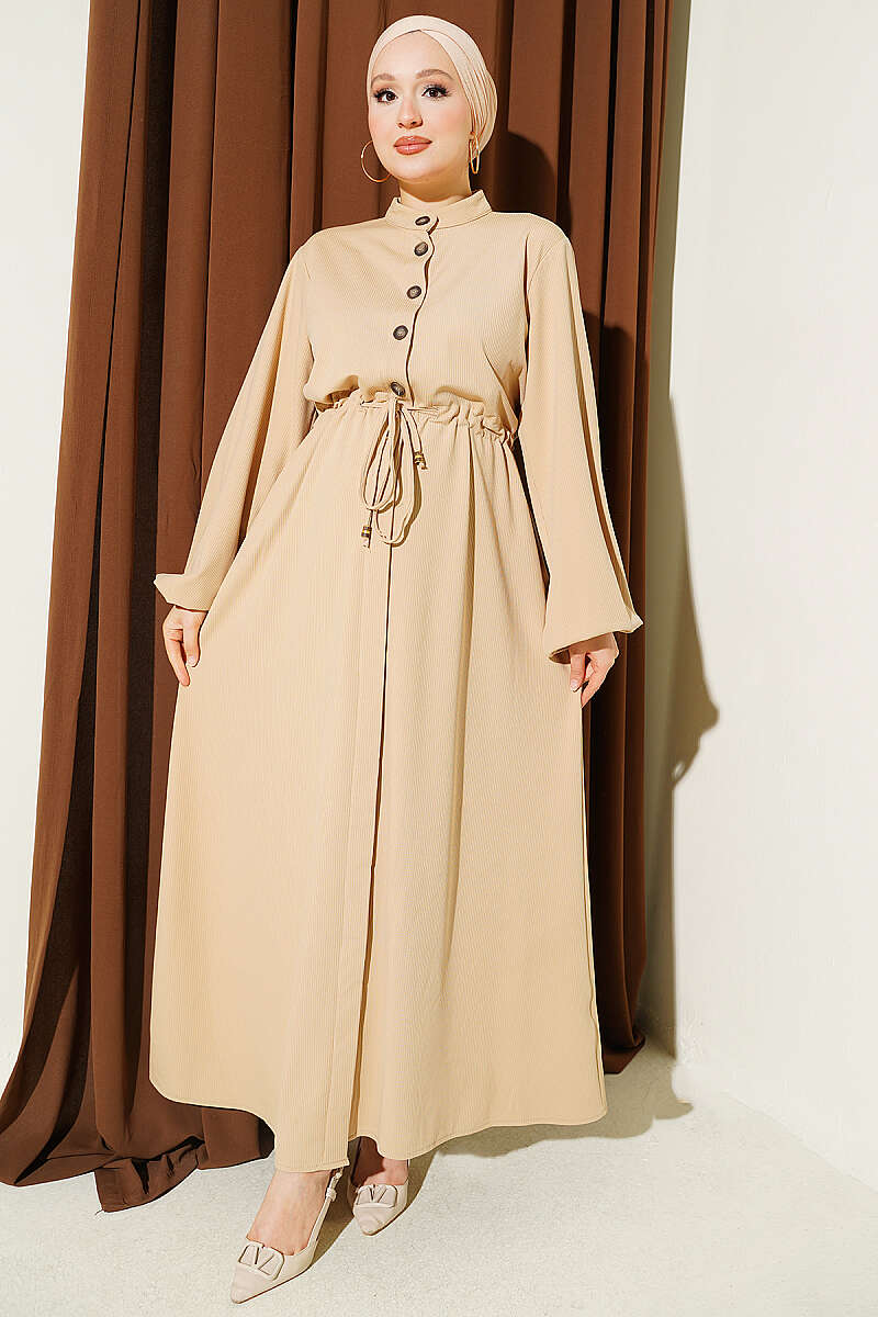Belted Tulle Ankle-Cuffed Dress Beige