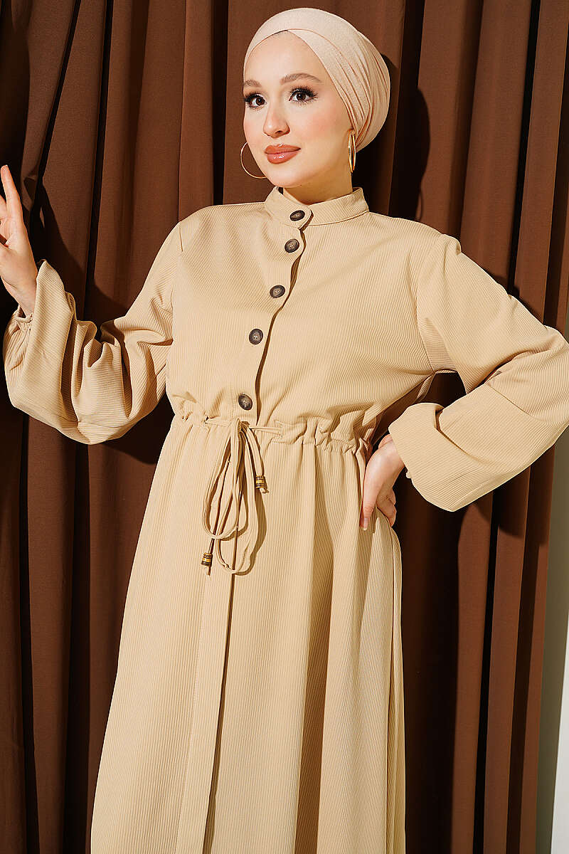 Belted Tulle Ankle-Cuffed Dress Beige - الصورة 2