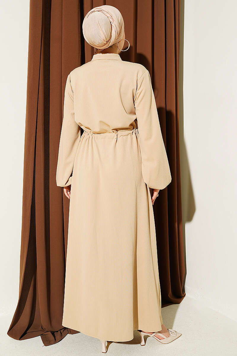 Belted Tulle Ankle-Cuffed Dress Beige - الصورة 3