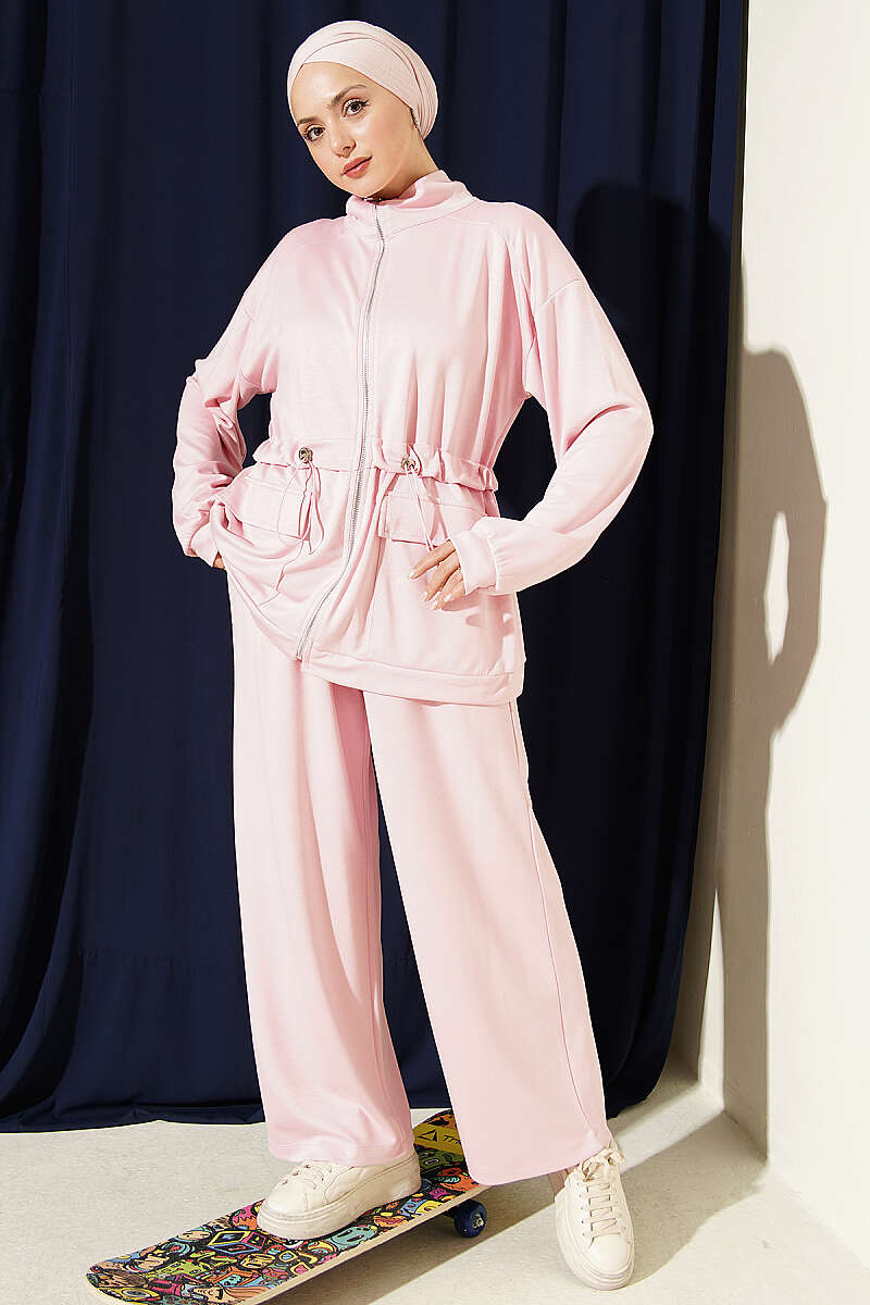 Waistbanded Pocket-Detail Two-Piece Set Pink