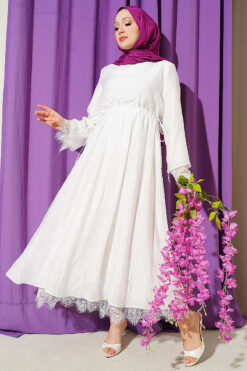 Belted Tunic Dress with Lace Details White