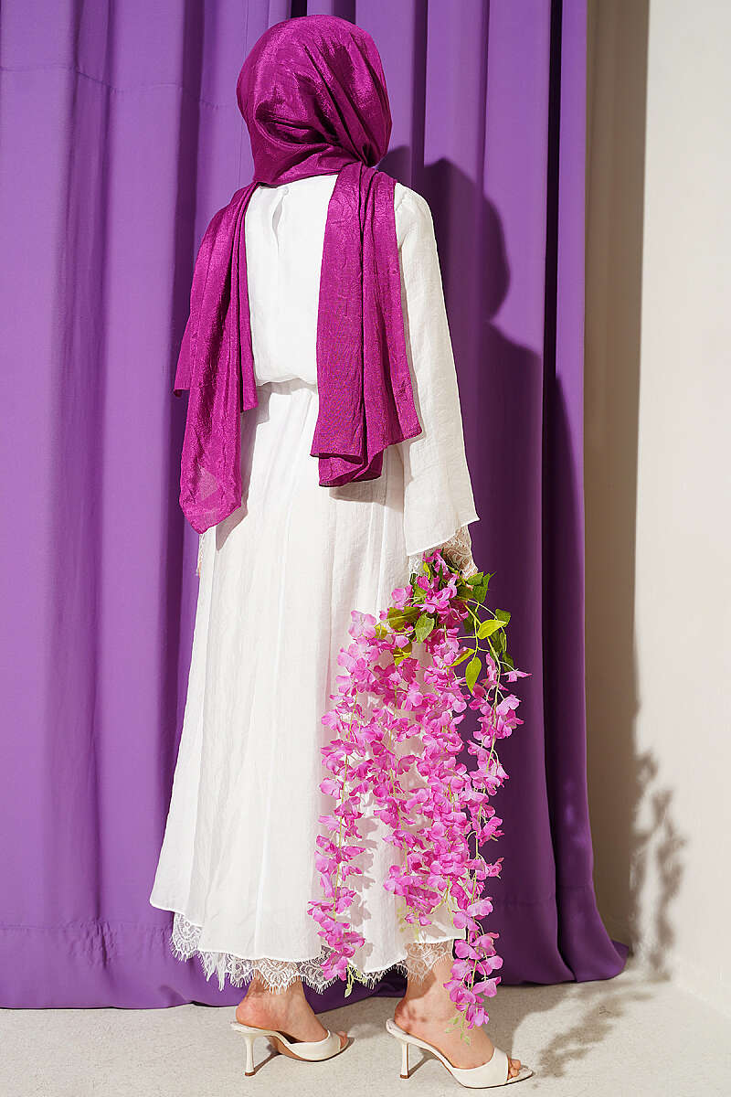 Belted Tunic Dress with Lace Details White – Image 3