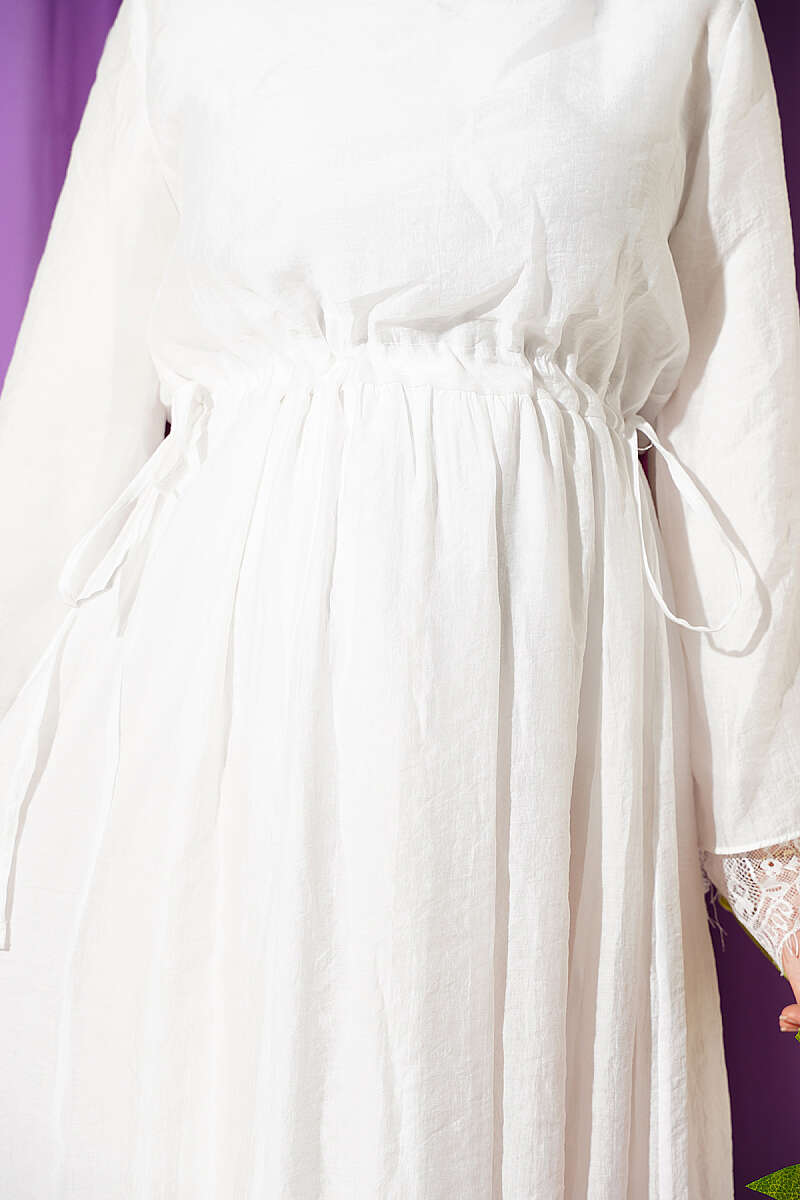 Belted Tunic Dress with Lace Details White – Image 4