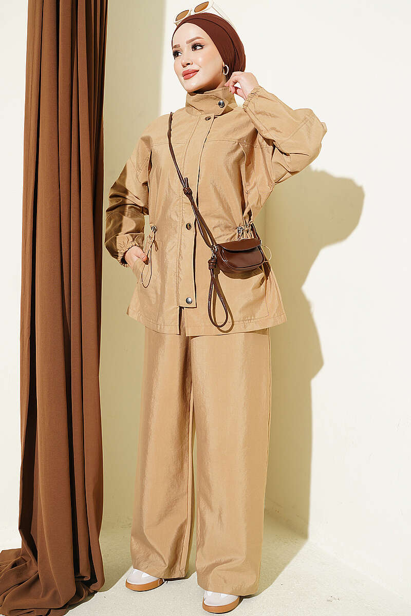 Waist-Elasticated Hoodie and Jogger Set Camel