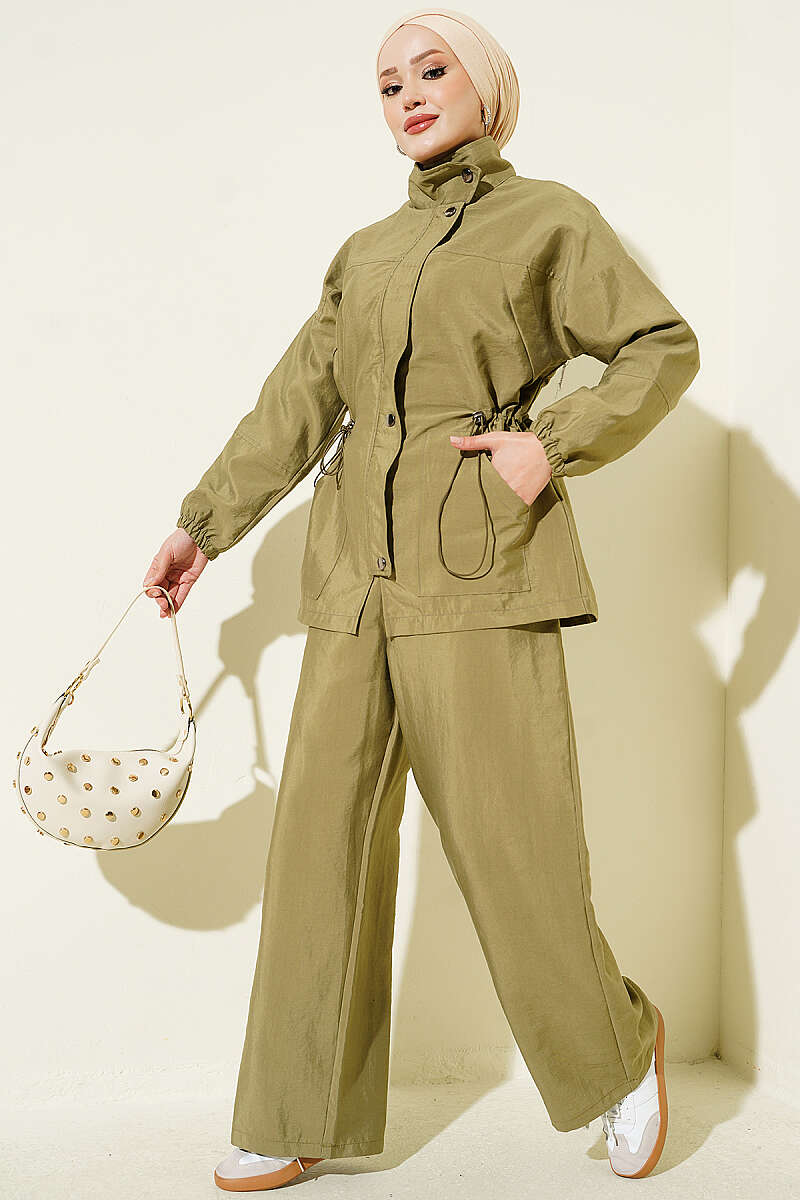 Waist-Elasticated Hoodie and Jogger Set Khaki
