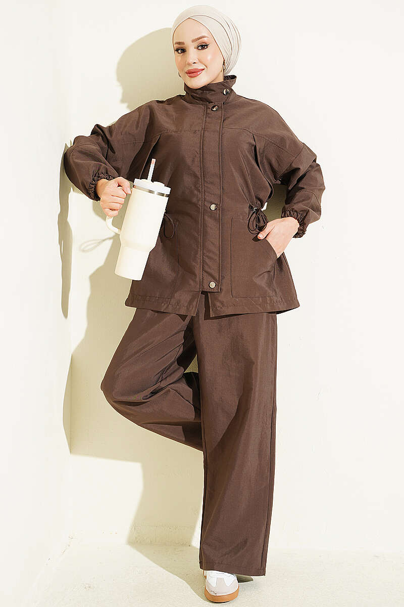 Waist-Elasticated Hoodie and Jogger Set Brown