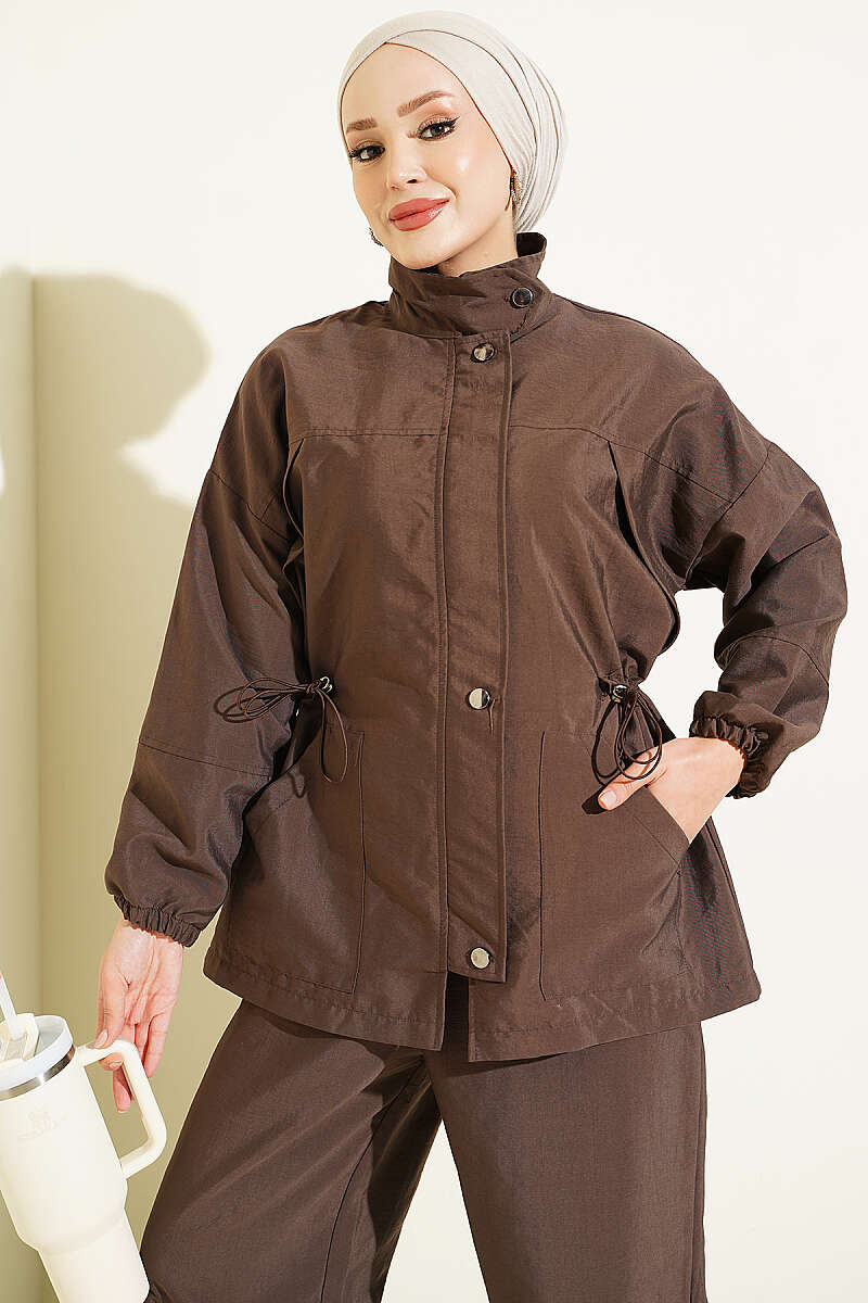 Waist-Elasticated Hoodie and Jogger Set Brown - immagine 2