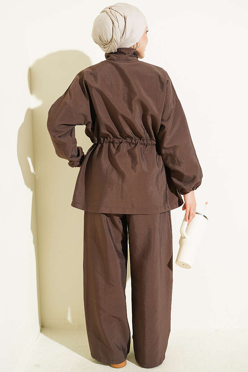Waist-Elasticated Hoodie and Jogger Set Brown - immagine 3