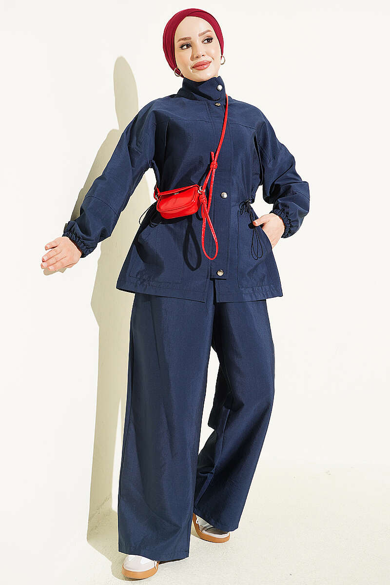 Waist-Elasticated Hoodie and Jogger Set Navy Blue