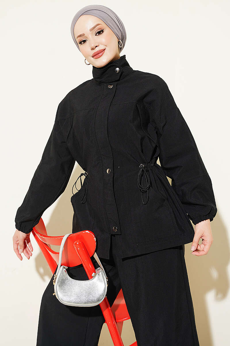 Waist-Elasticated Hoodie and Jogger Set Black - Afbeelding 2