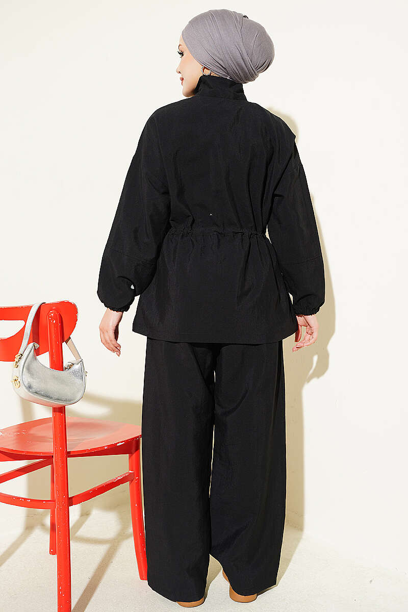Waist-Elasticated Hoodie and Jogger Set Black - Afbeelding 3