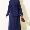 Waist-Emphasized French Terry Knit Dress with Hem Edge Navy Blue