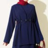 Waist-Emphasized French Terry Knit Dress with Hem Edge Navy Blue – Bild 2