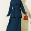 Waist-Emphasized French Terry Knit Dress with Hem Edge Petrol