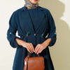 Waist-Emphasized French Terry Knit Dress with Hem Edge Petrol – Bild 2