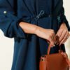 Waist-Emphasized French Terry Knit Dress with Hem Edge Petrol – Bild 4