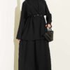 Waist-Emphasized French Terry Knit Dress with Hem Edge Black